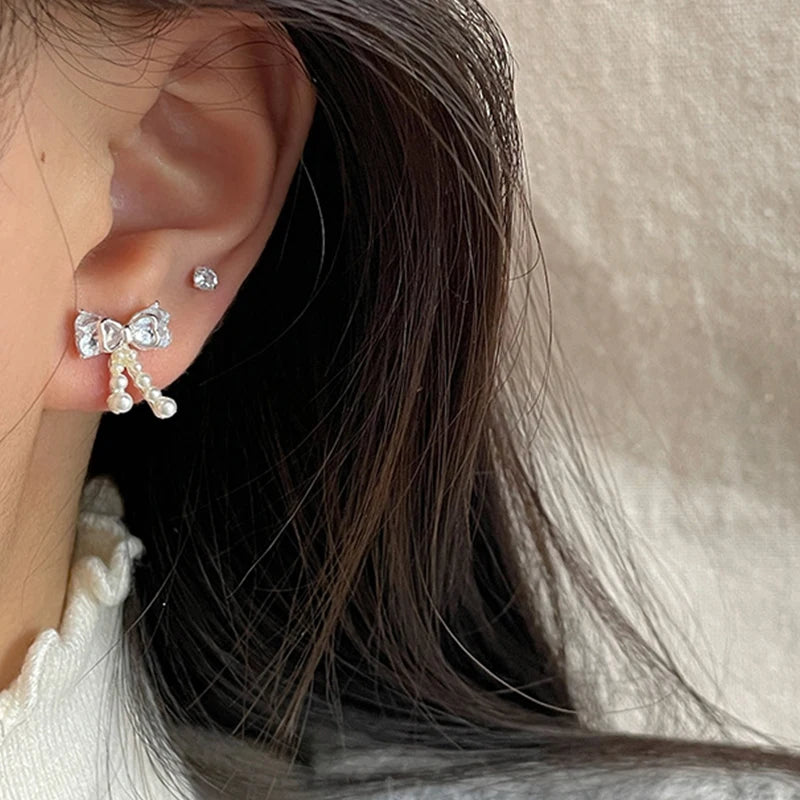 DAIIIBABYYY  -  Girls White Zircon Bow-knot Pearl Drop Earrings for Women Korean Fashion Sweet Cute Bow Stud Earring Luxury Jewelry Gift