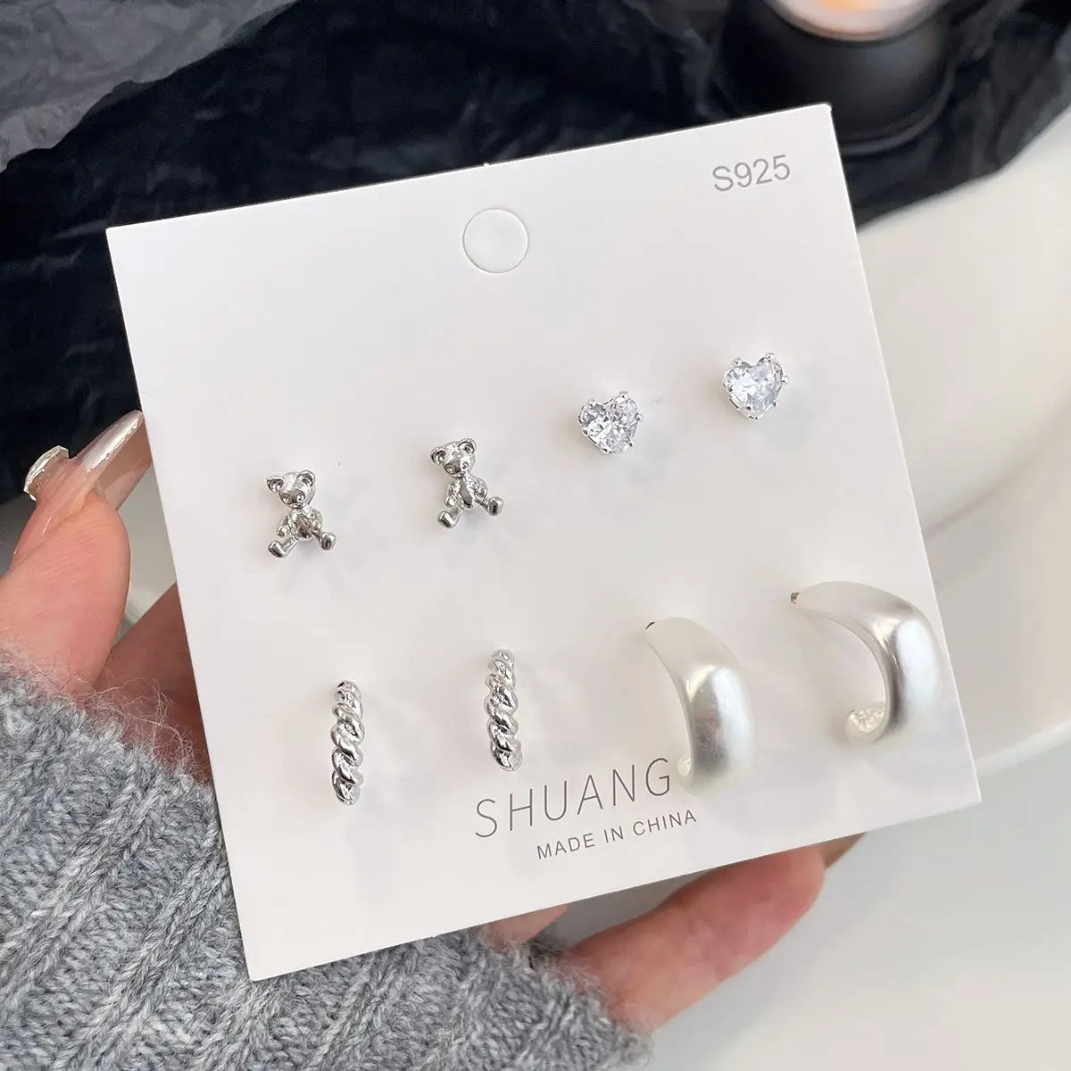 DAIIIBABYYY  -  Silver Plated Elegant INS Style Butterfly Star Stud Earrings Set Women Korean Fashion Simple Geometric Earring Jewelry