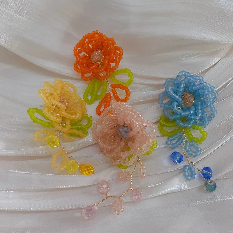 DAIIIBABYYY  -  Hand Woven Blue-Yellow Hollow Out Flower Leaf Tassel Crystal Drop Earrings for Women Acrylic Beaded Earrings Jewelry