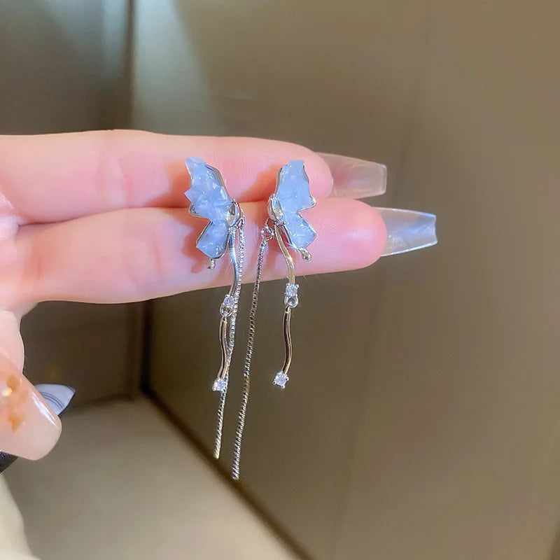 DAIIIBABYYY  -  Luxury Blue Gradient Crystal Butterfly Flower Pearl Earrings Flower Geometric Women Korean Fashion Kpop Tassel Earring