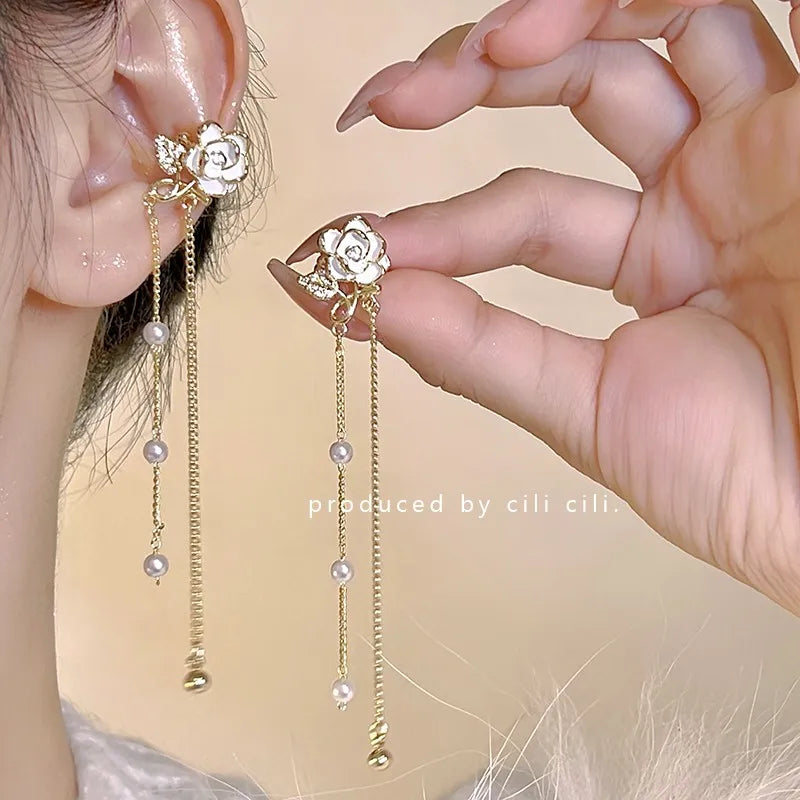 DAIIIBABYYY  -  Women Fairy Korean Fashion Butterfly Star Bow-knot Ear Clip Earrings Rhinestone Long Pearl Tassel Drop Ear Cuff Jewelry