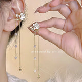 DAIIIBABYYY  -  Women Fairy Korean Fashion Butterfly Star Bow-knot Ear Clip Earrings Rhinestone Long Pearl Tassel Drop Ear Cuff Jewelry