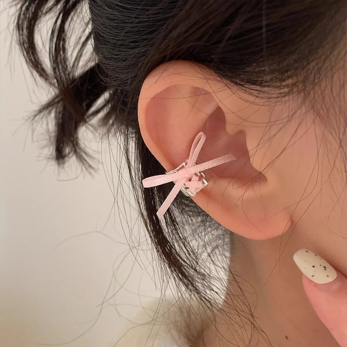 DAIIIBABYYY  -  Y2K Style Ribbon Pink Bow Ties Clip Earrings for Women Girls Sweet Cool Korean Charm Girls Ear Bone Clip Fashion Jewelry Gifts