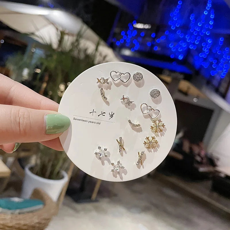DAIIIBABYYY  -  Korean Fashion New Week Stud Earrings Set for Women Mini Sweet Pearl Heart Bow Rainbow Earring Luxury Jewelry Gift