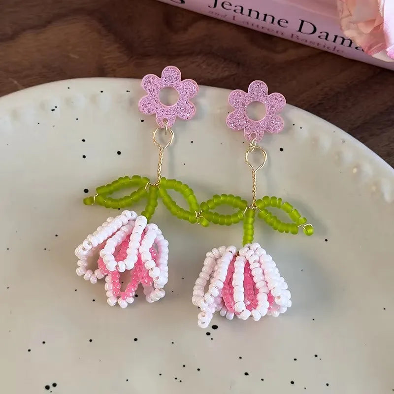 DAIIIBABYYY  -  New Handmade Bead Pink Flower Bouquet Pendant Earrings For Women Aesthetic Vacation Party Scene Accessories