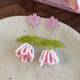 DAIIIBABYYY  -  New Handmade Bead Pink Flower Bouquet Pendant Earrings For Women Aesthetic Vacation Party Scene Accessories
