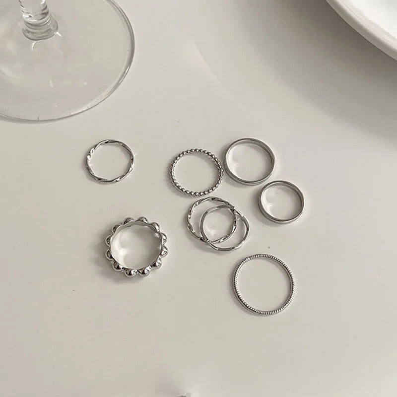 Daiiibabyyy 8Pcs Fashion Jewelry Rings Set Hot Selling Metal Hollow Round Opening Women Finger Ring for Girl Lady Party Wedding Gifts