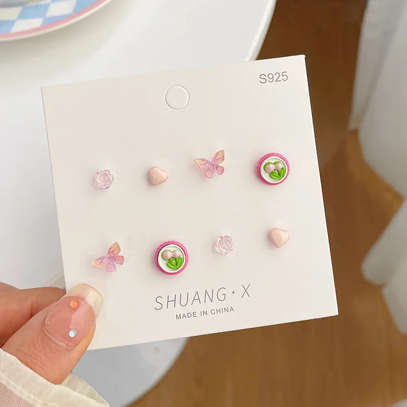 DAIIIBABYYY  -  Korean Fashion Pink Blue Tulip Flower Stud Earrings Set Women Y2K Kpop Butterfly Heart Floral Earring Jewelry Gift