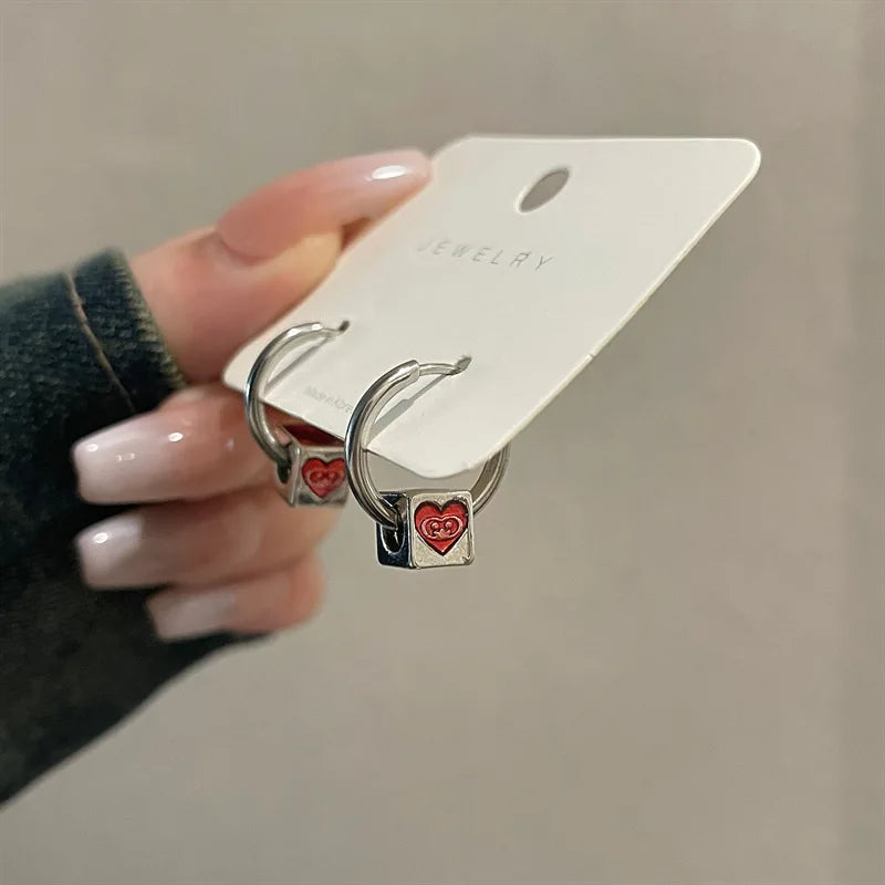 Daiiibabyyy Korean Fashion Y2K Aesthetic Red Heart Square Block Hoop Earrings For Women Gothic Charms Punk Hip Hop EMO Jewelry Accessories