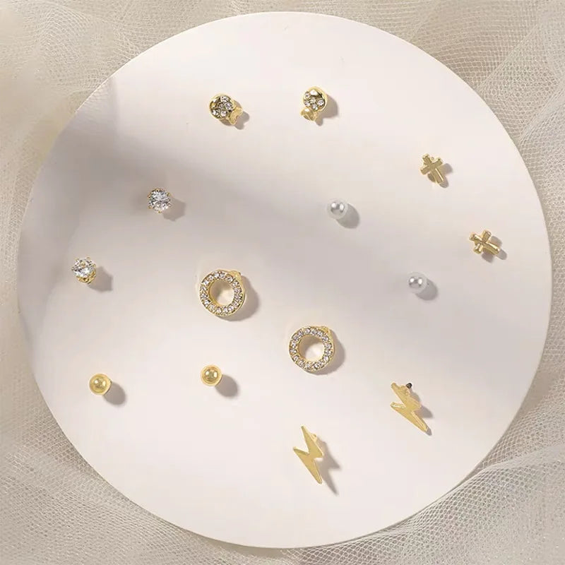 DAIIIBABYYY  -  Korean Fashion New Week Stud Earrings Set for Women Mini Sweet Pearl Heart Bow Rainbow Earring Luxury Jewelry Gift