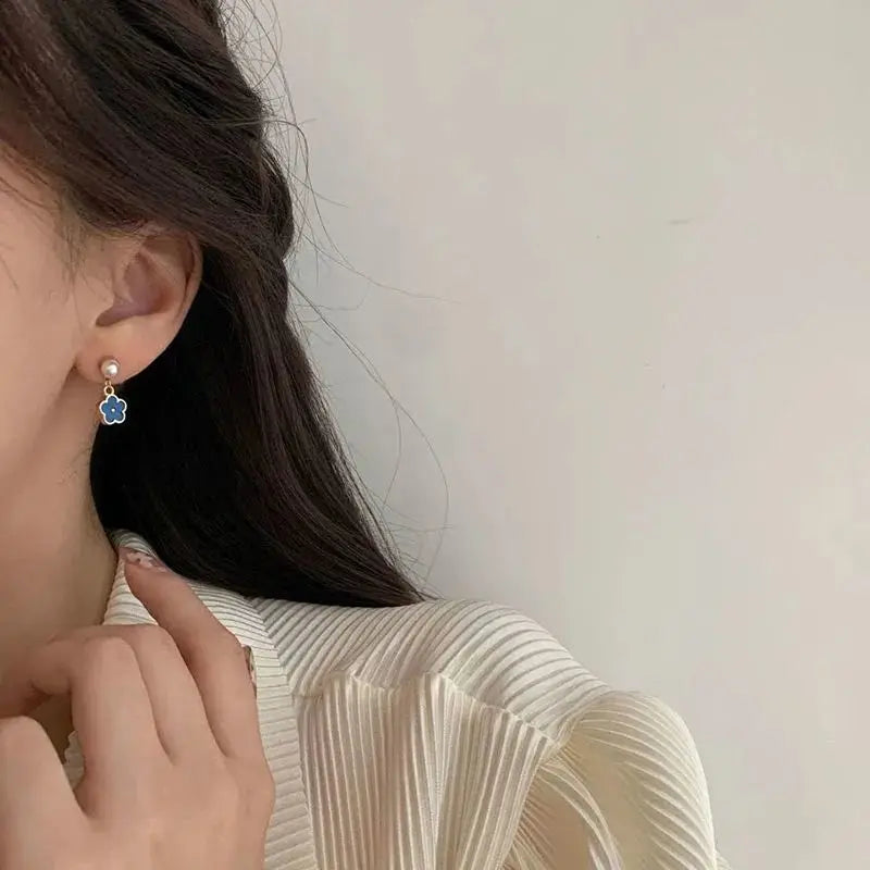 Daiiibabyyy  French Delicate Enamel Blue Small Flower Imitation Pearl Dangle Earrings for Women Elegant Fashion Jewelry Accessories