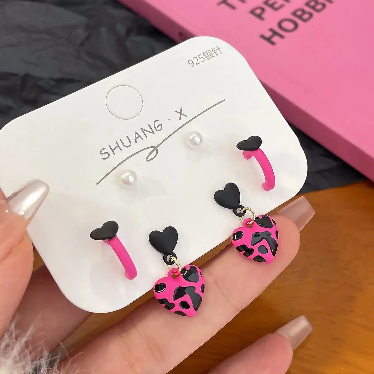 DAIIIBABYYY  -  Pink Glass Heart Butterfly Stud Earrings Set White Flower Korean Fashion Women Sweet Earring Jewelry Piercing brincos