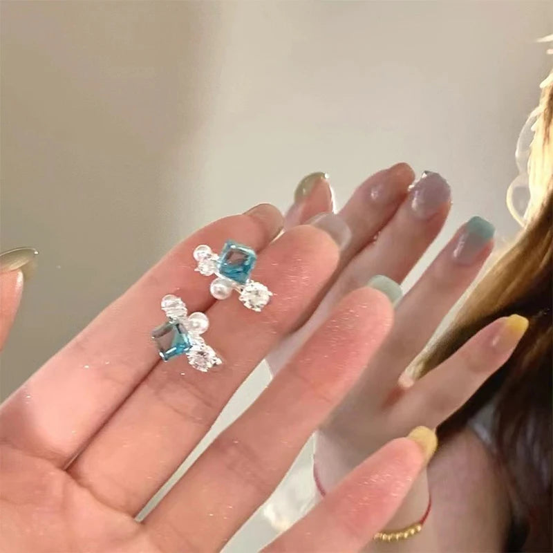 Daiiibabyyy  Blue Crystal Pearl Dangle Earrings for Women Luxury Delicate Pink C-Shaped Earrings Romantic Casual Versatile Jewelry