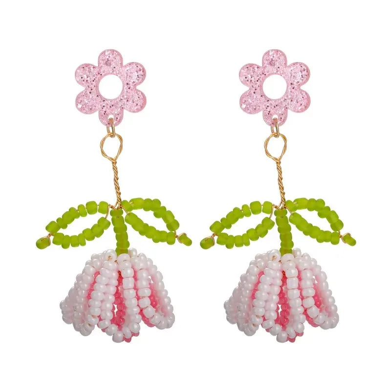 DAIIIBABYYY  -  New Handmade Bead Pink Flower Bouquet Pendant Earrings For Women Aesthetic Vacation Party Scene Accessories