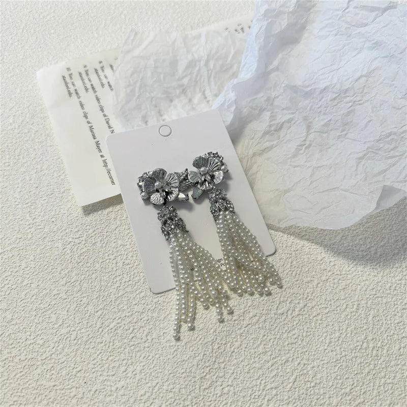 DAIIIBABYYY  -  Korean Design Fashion Silver Color Metal Pearl Tassel Earrings Elegant Long Flower Drop Earings Female