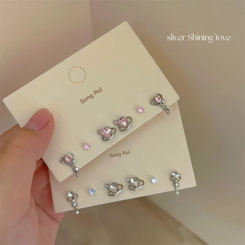 DAIIIBABYYY  -  Sweet Shining Y2K White Pink Heart Shape Stud Earrings Women Girl Korean Fashion Rhinestone Earring Jewelry Accessories