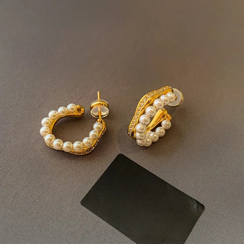 Daiiibabyyy  Inlaid Rhinestone Pearl Earrings for Women European and American Retro Elegant Fashion Stud Earring Luxury High-end Jewelry