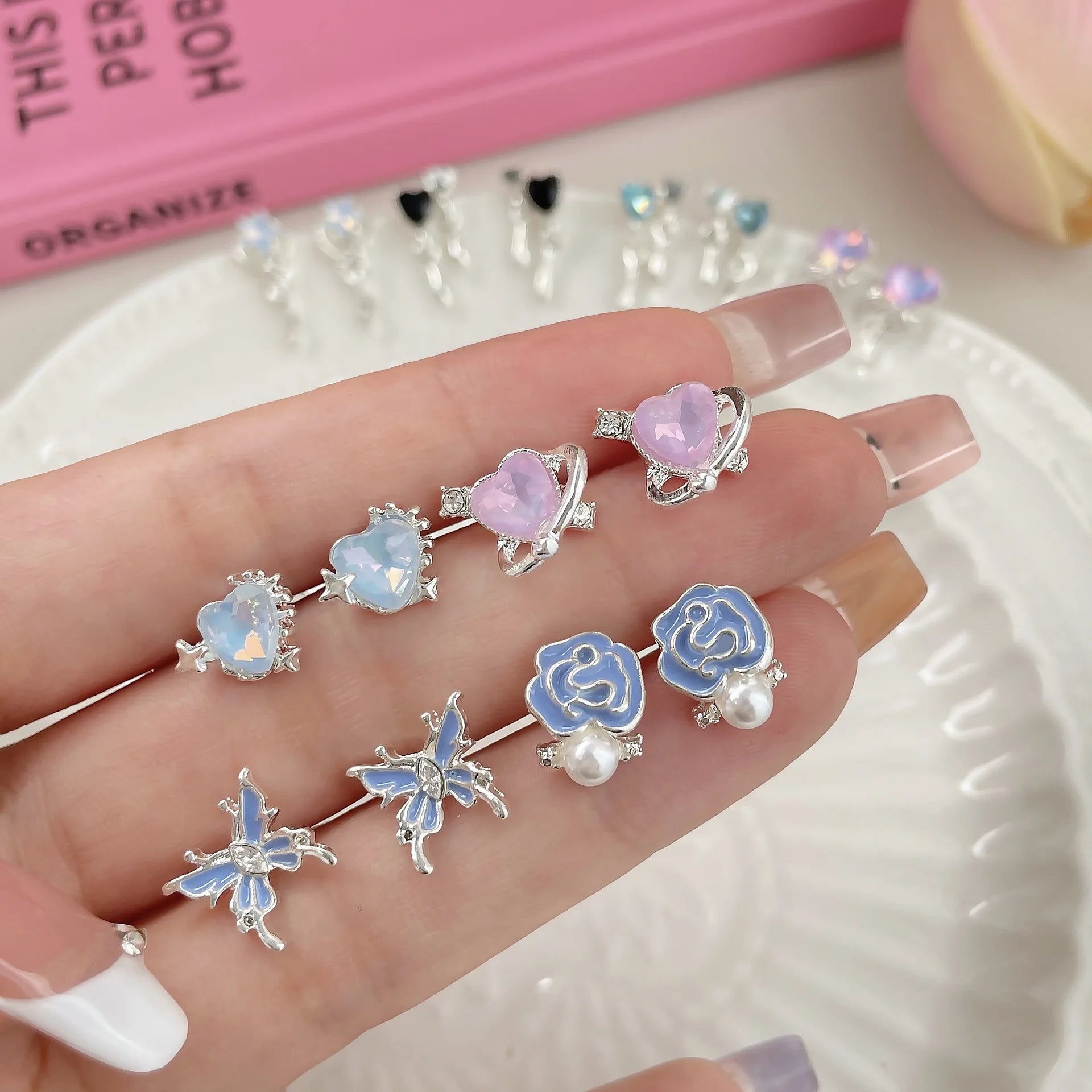 DAIIIBABYYY  -   Girls Y2K Sweet Butterfly Pink Heart Rhinestone Flower Stud Earrings Set Korean Fashion Women Bow Floral Earring Jewelry