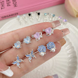 DAIIIBABYYY  -   Girls Y2K Sweet Butterfly Pink Heart Rhinestone Flower Stud Earrings Set Korean Fashion Women Bow Floral Earring Jewelry