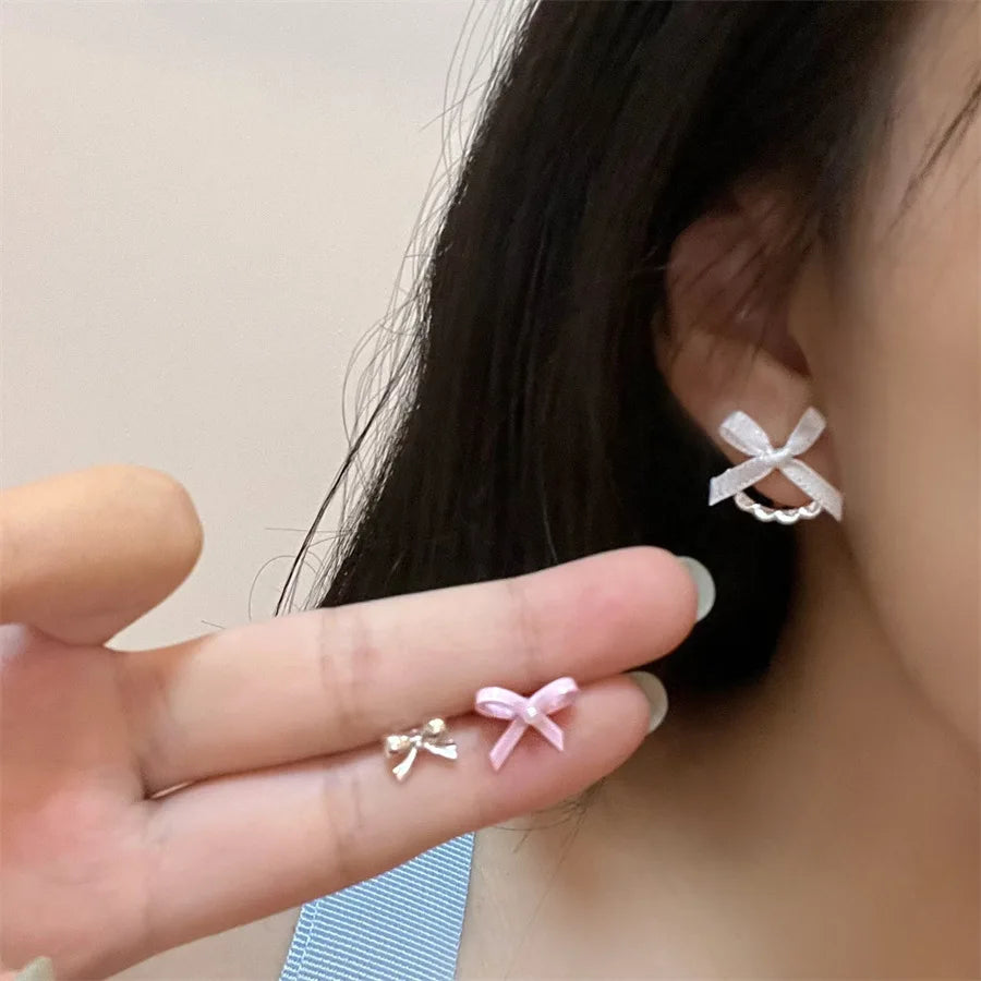 DAIIIBABYYY  -   Korean Fashion Ballet Style Ribbon Bow-knot Shape Pearl Stud Earrings Set for Women Kpop Pink Blue Charm Earring Jewelry