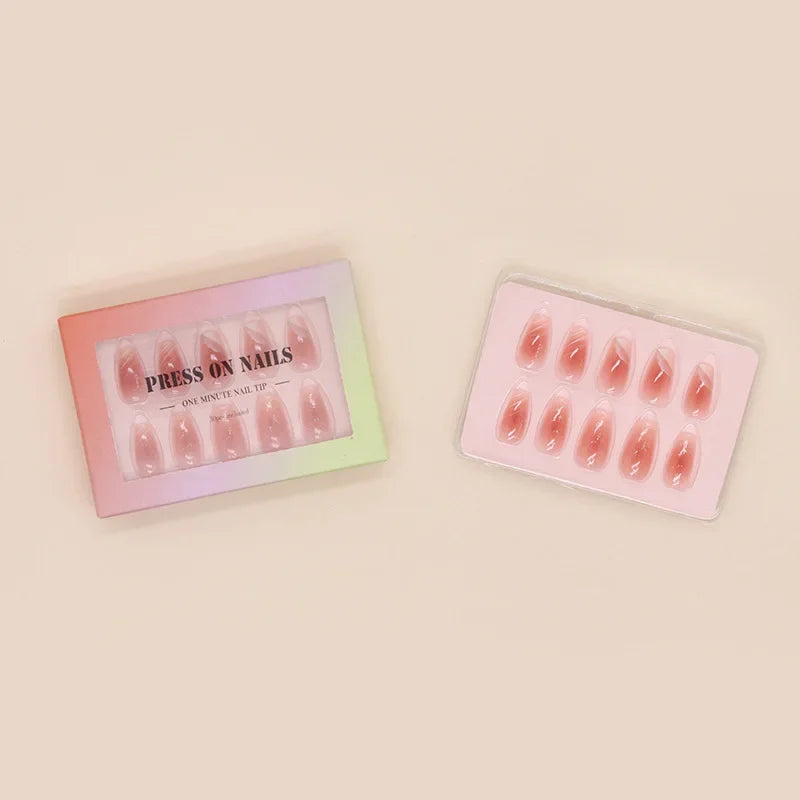 Daiiibabyyy  30pcs/box Pink Fake nails with glue natural blush false nails with designs white gradient cloud gold foil edging press on nails