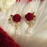 DAIIIBABYYY  -  Autumn Winter Wine Red Bow Flocked Fleece Stud Earrings Set Women Korean Fashion Heart Bow Floral Pearl Earring Jewelry