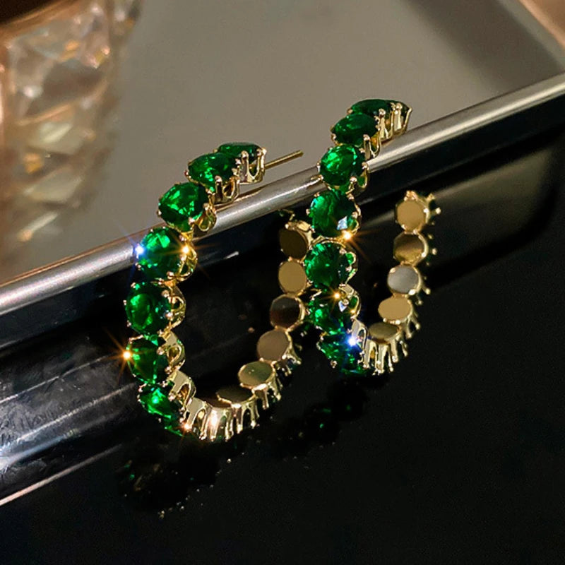 Daiiibabyyy  Green Zircon C-shaped Earrings for Female Fashion Exaggerated Hoop Earrings Inlaid Rhinestone Women's Jewelry for Party