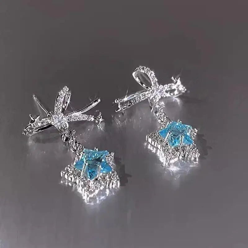 DAIIIBABYYY  -  Korean Fashion Blue Zircon Star Stud Earrings for Women Creative Shiny Rhinestone Bowknot Earrings Sweet Girls Jewelry Gifts