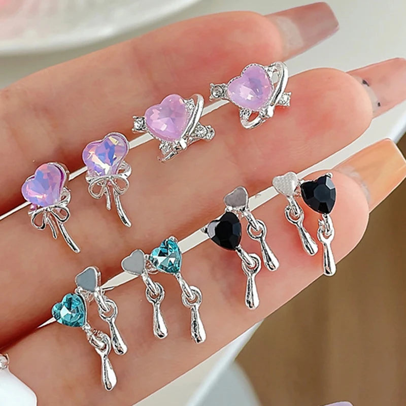 DAIIIBABYYY  -   Girls Y2K Sweet Butterfly Pink Heart Rhinestone Flower Stud Earrings Set Korean Fashion Women Bow Floral Earring Jewelry