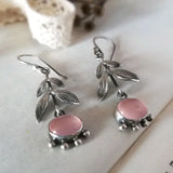 DAIIIBABYYY  - 2Pcs Vintage Leaf Plant Flower Orb Geometric Simple Alloy Cat Eye Stone Silver Color Pink Earrings Pendant Woman Party Daily