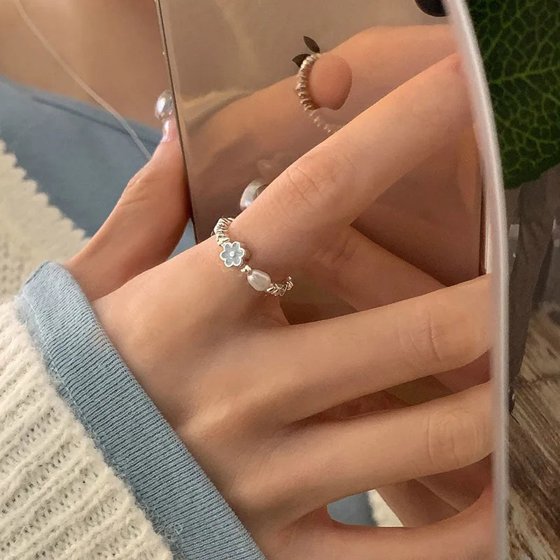 DAIIIBABYYY  -  Blue Drop Glaze Flower Pearl Rings For Women Girls Minimalist Sweet Cute Creative Temperament Elegant Birthday Jewelry