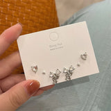 DAIIIBABYYY  -  Charm Y2K Bow-knot Heart Pink Silver Color Rhinestone Stud Earrings Set Women Korean Fashion Girls Sweet Earring Jewelry