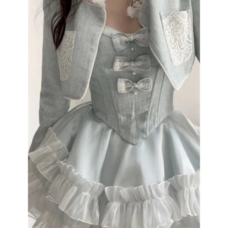 Daiiibabyyy  Y2k Harajuku Sweet Camisole Dress+ Aesthetic Grunge Fashion Vintage Cardigan Women Tailored Coat Blue Two Piece Sets