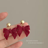 DAIIIBABYYY  -  Women New Year Christmas Wine Red Velvet Bow Earrings Korean Fashion Girls White Plush Ball Dangle Earring Jewelry Gift