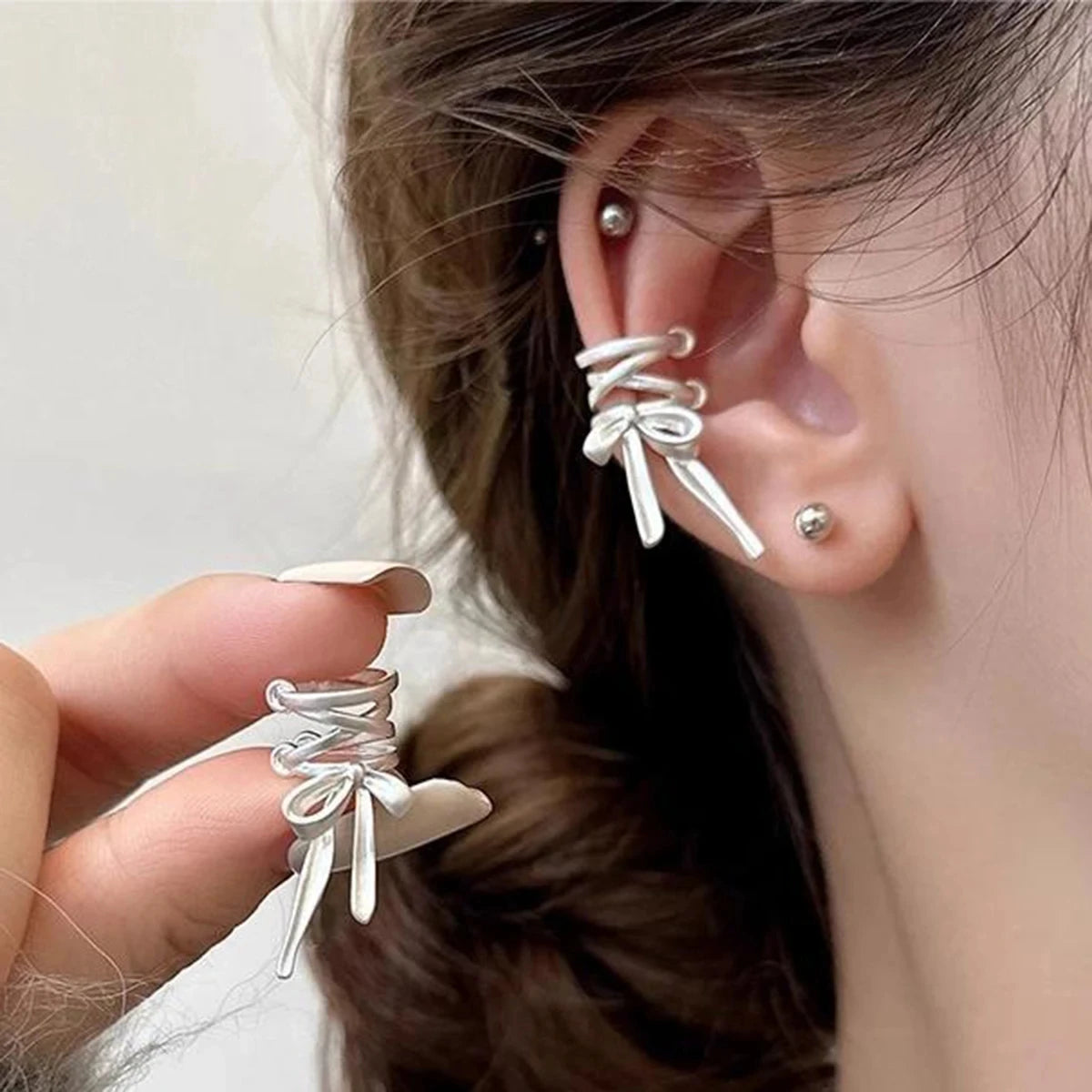 DAIIIBABYYY  -  Y2K Style Ribbon Pink Bow Ties Clip Earrings for Women Girls Sweet Cool Korean Charm Girls Ear Bone Clip Fashion Jewelry Gifts