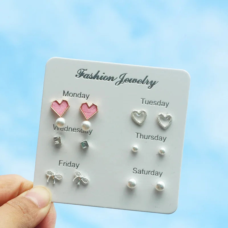 DAIIIBABYYY  -   2024 Creative Week Stud Earrings Set for Women Heart Pearl Rhinestone Earring Korean Fashion Party Jewelry Wholesale