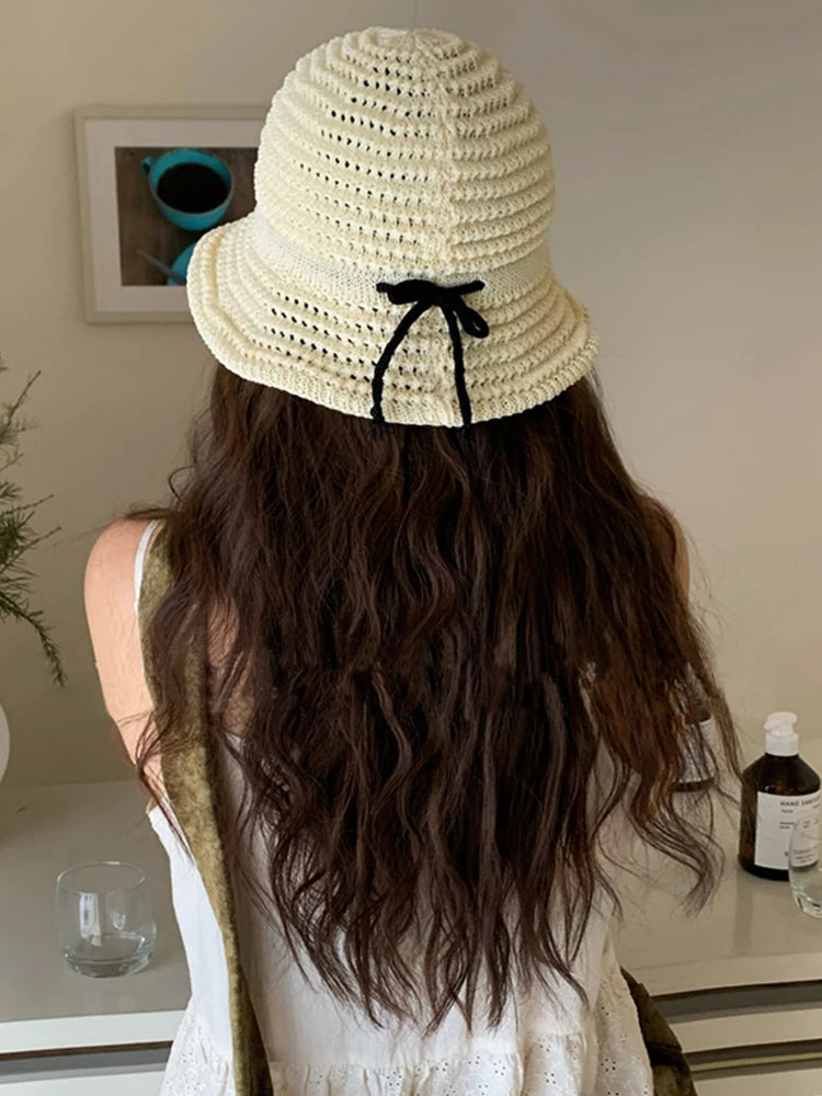 Bow Knitted Bucket Hats For Women Summer Foldable Suncreen Cap Female  Bob Outdoor Beach Fishermen Hat For Ladies