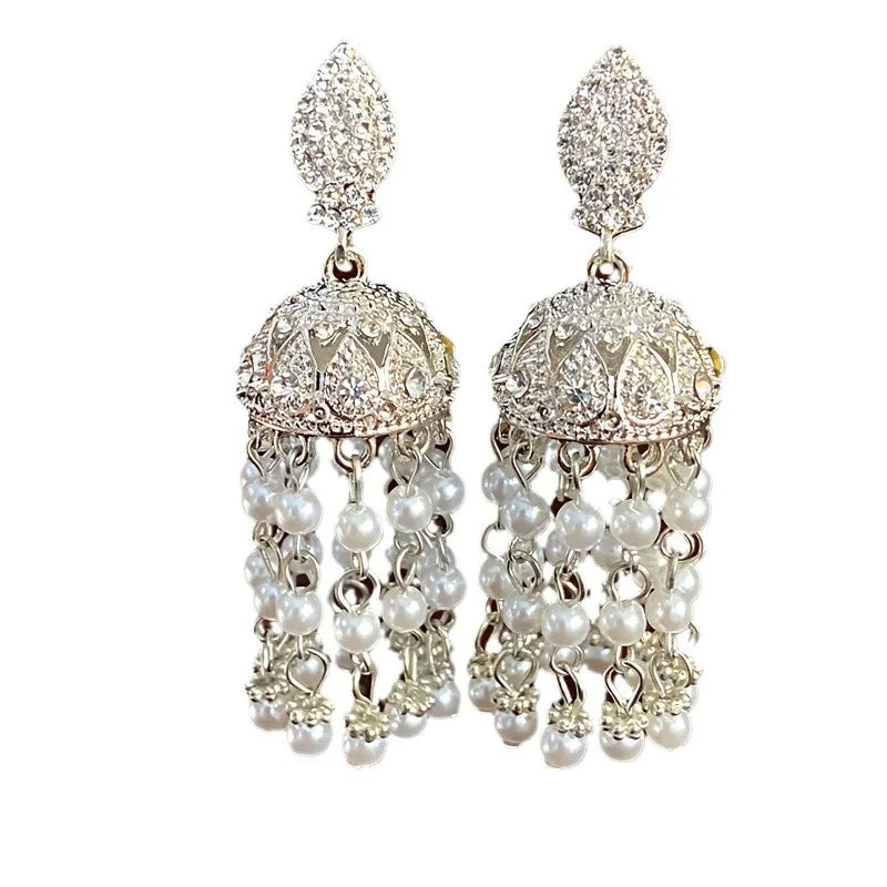 DAIIIBABYYY  -  Silver Needle Inlaid Rhinestones Pearl Tassel Ethnic Style High-end Retro New Chinese Style Personalized Earrings for Women
