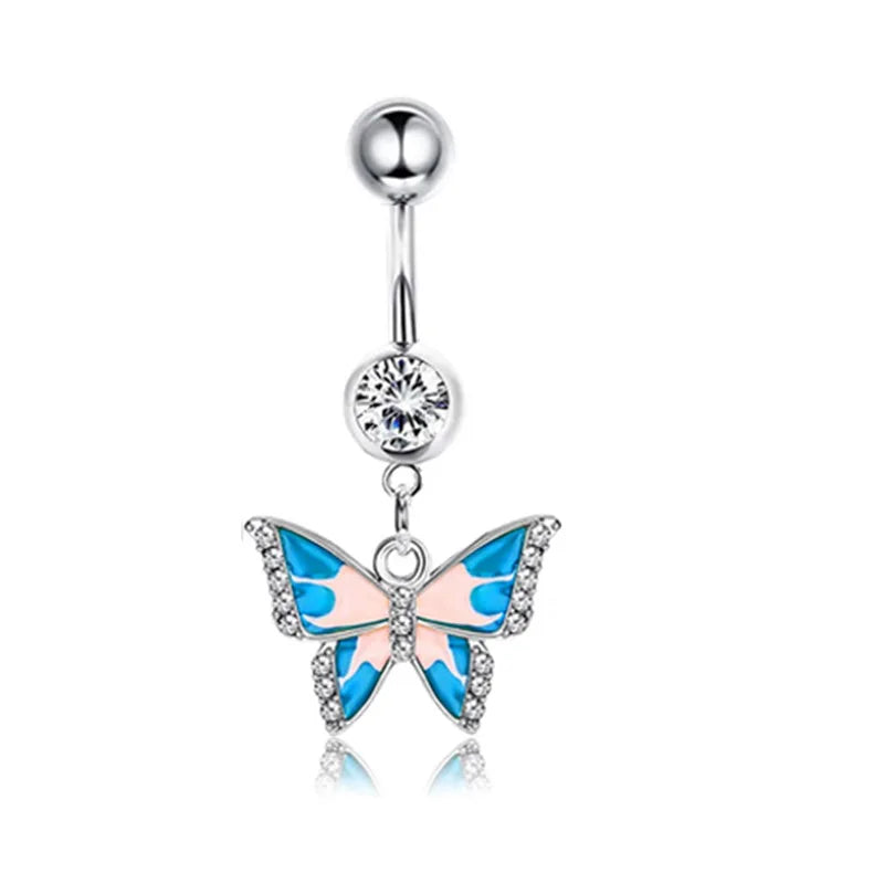 DAIIIBABYYY  -  Fashion Crystal Stainless Steel Flower Butterfly Belly Piercing for Women Silver Color Belly Button Rings Body Jewelry