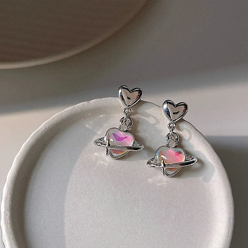 DAIIIBABYYY  -  Korean Fashion Rhinestone Planet Heart Drop Earring Y2K Sweet Cool Girls Fantasy Color Earrings Women Jewelry Party Gifts