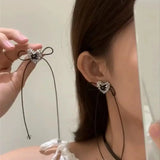 DAIIIBABYYY  -  Silver Plated Heart Ear Stud Long Band Rope Earrings for Women Korean Fashion Fairy Bow-knot Tassel Earring Jewelry