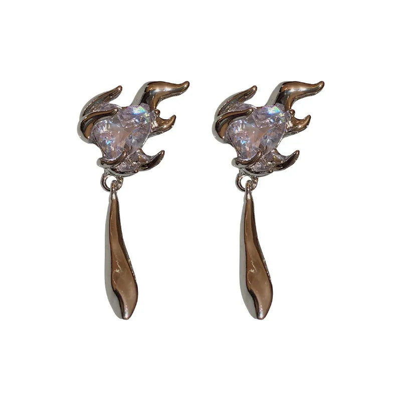 DAIIIBABYYY  -  Korea Fashion Geometric Flame Metal Inlay Zircon Heart Drop Earrings For Women Party Jewelry Accessories