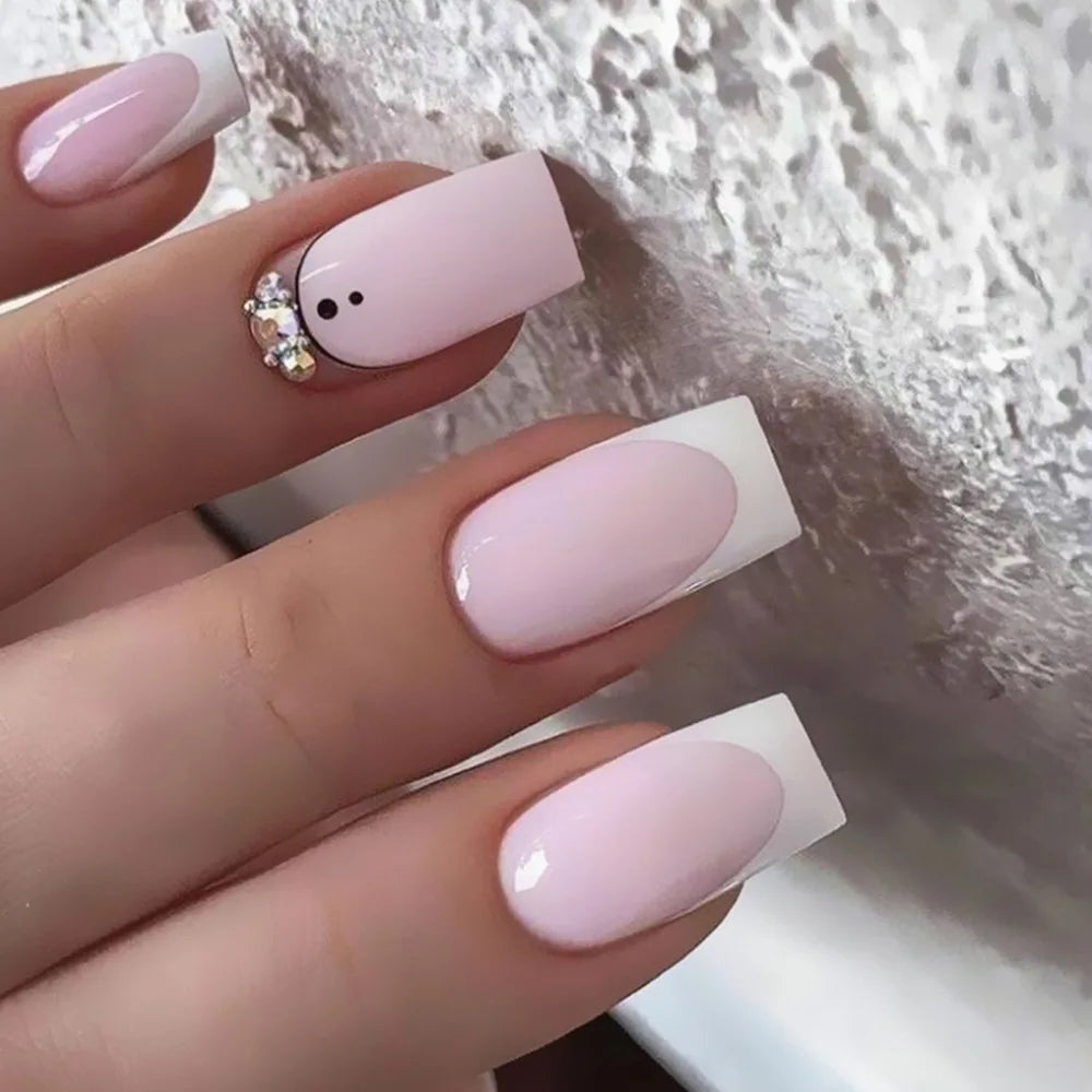 Daiiibabyyy 24Pcs French Stripe Fake Nail with Diamond Design Short Finished Full Cover Nail Tips Manicure White False Nails Press on Nails