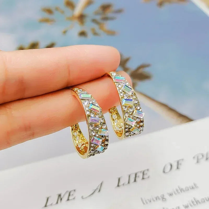 Daiiibabyyy  Exquisite Gold Plated C-ring Earrings Fashion Temperament Colorful Zircon Earrings Wedding Jewelry Accessories Valentine's Gift