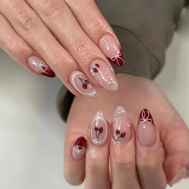 Daiiibabyyy  24pcs Wearable Nails Sets Press on Bow Rhinestone Design Almond Fake Nails Tips Flower Pink Long Nail Art Finished False Nail