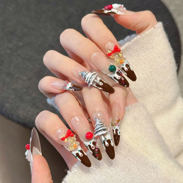 Daiiibabyyy  10pcs Christmas Handmade Nails Tips Snowman Cake Design Extra Long Oval Fake Nail Art French False Nail Bow Press on Nails Sets