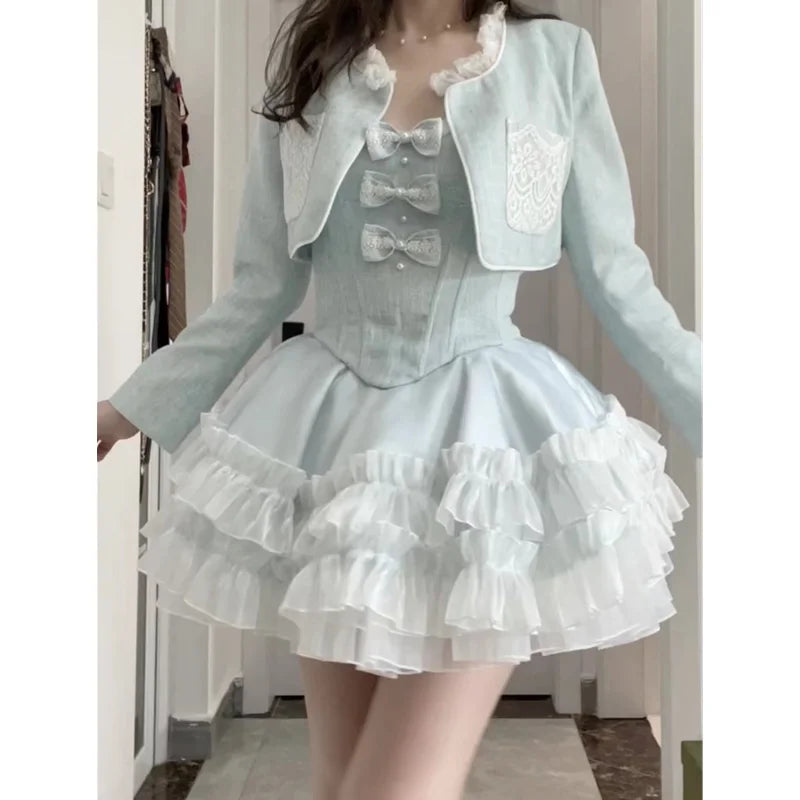 Daiiibabyyy  Y2k Harajuku Sweet Camisole Dress+ Aesthetic Grunge Fashion Vintage Cardigan Women Tailored Coat Blue Two Piece Sets