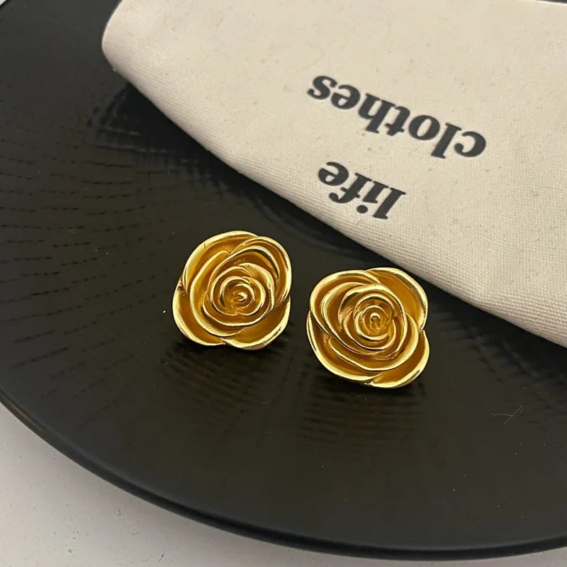 DAIIIBABYYY  -  Gold Color Rose Stud Earrings Women Personality Flowers Earrings Girl Travel Party Jewelry Accessories