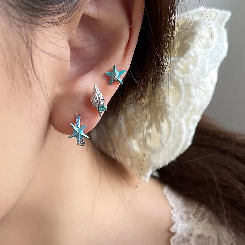 DAIIIBABYYY  -  Marine Style Blue Seashell Stud Earrings for Women Starfish Ear Stud Inlaid Romantic Crystals Girls Fashion Jewelry Summer Gifts