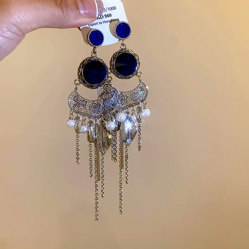 DAIIIBABYYY  -  Flower Leaf Pearl Tassel Earrings Ethnic Style Earrings